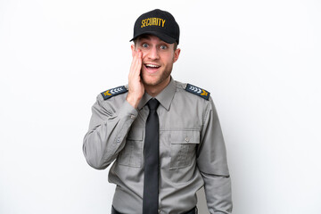 Young safeguard caucasian man isolated on white background with surprise and shocked facial...