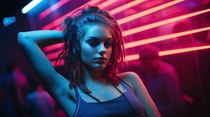 Sexy dance girl in a erotic dress posing in dark neon night club, neon lights, background with a...