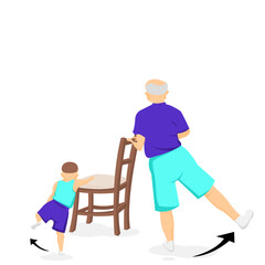 Cartoon Elderly man and child are exercising with chair.Grandpa and grandchild are wearing sport workout. Vector illustration isolated flat active healthy workout aged man and kid on white background