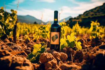 Sunny landscape of vineyard with green leaves and red wine bottle