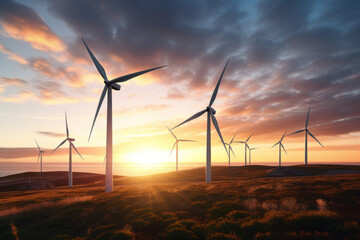 Ground Wind Power Plant. Ten Tall Wind Turbines. Low Sun Rays, Sunset or Dawn. Generative AI. - obrazy, fototapety, plakaty