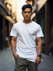 Male Asian model in a classic white cotton T-shirt on a city street Generative ai