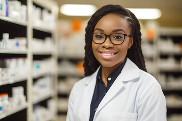 Afro American Woman Pharmacist Smiling at Camera at the Hospital Pharmacy: AI Generated