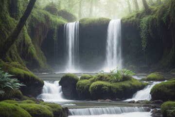 Picturesque waterfall and lake in an old mossy forest, landscape. Created with generative AI tools