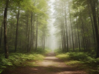 Fototapeta na wymiar Dirt road in a picturesque misty forest, landscape. Created with generative AI tools