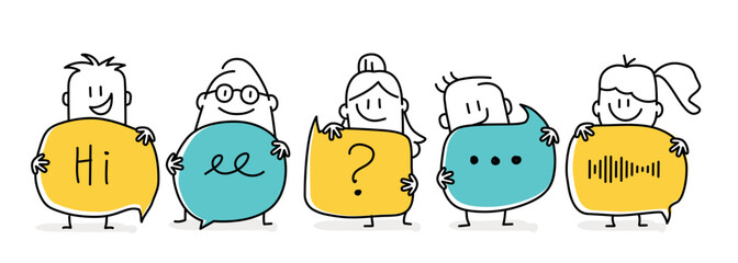 People holding speech bubbles.