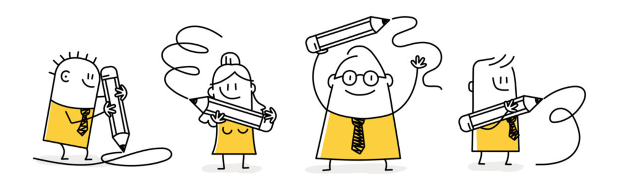 Various people with a giant Pencils.