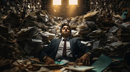 Man in suit at the office with full of paper work and document background. Generative AI