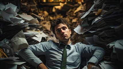 Man in suit at the office with full of paper work and document background. Generative AI