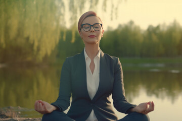 Business Woman Practicing Yoga. Woman Having a Break From Work Near the Pond. Generative AI.
