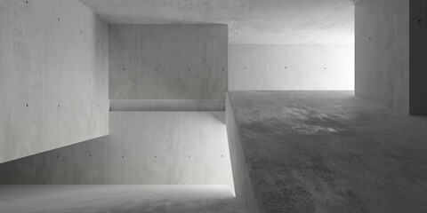 Abstract large, empty, modern concrete room with ramps, indirect light and and rough floor - industrial interior background template