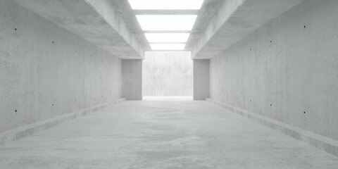 Abstract empty, modern concrete room hallway with row of lights and rough floor - industrial interior background template