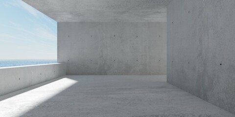 Abstract empty, modern concrete room with balcony opening on the left wall, ocean view and rough floor - industrial interior background template