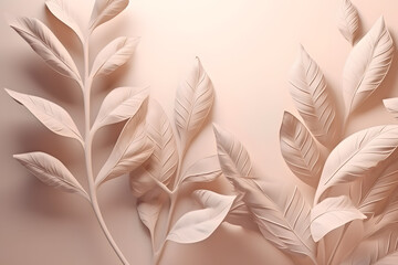 Abstract pastel beige wall background with soft shadows of leaf patterns, creating a serene atmosphere. Generative AI