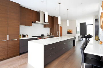 Fototapeta na wymiar Contemporary kitchen with sleek countertops and minimalist cabinetry, flooded with natural light. Generative AI