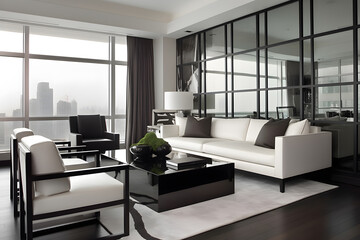 Contemporary living room with a monochromatic color scheme, large glass panels, and sleek furniture. Generative AI