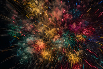 Up-close view of a firework exploding in the night sky, capturing the vibrant colors and intricate patterns. Generative AI