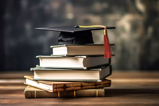 Graduation hat on books in classroom. Education in college and university. Savings for investment in education and scholarships