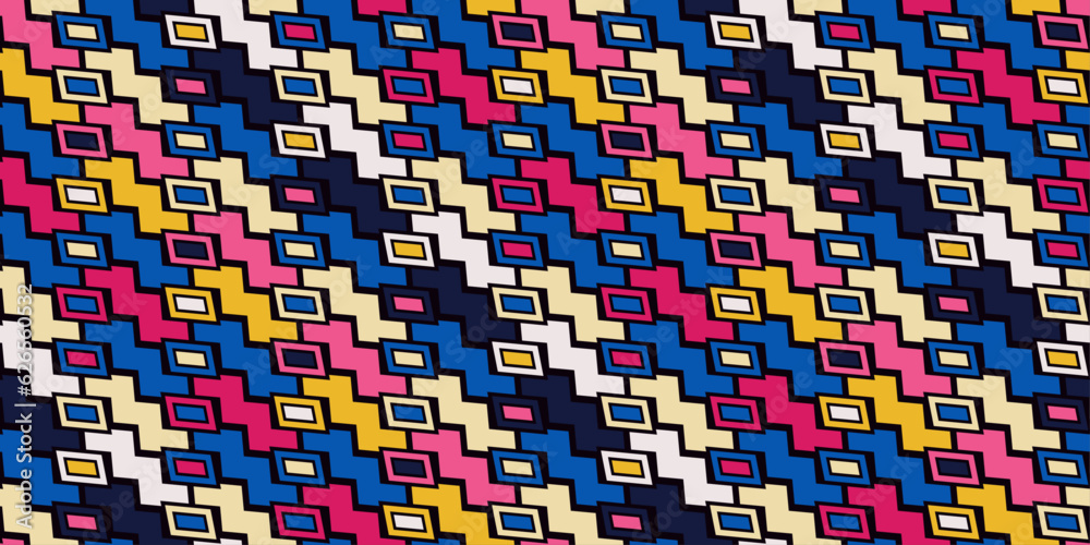 Leinwandbilder Colored and curved shapes make up a mosaic texture pattern. Seamless and vector bright and colorful pattern. Diagonal stair stripes and bricks.