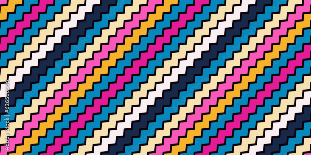 Poster Colored ladder of zigzag stripes. Diagonal striped pattern. For print and interior, wallpaper and textiles. Bright pink and blue colors, diagonal angular staircase.
