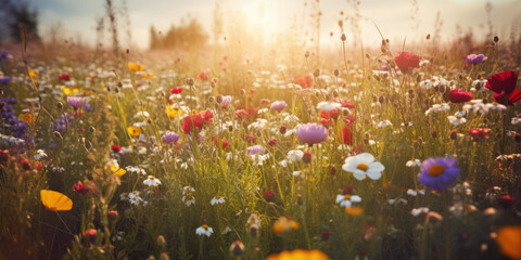 Obraz na płótnie Canvas Beautiful blooming wild flower meadow in summer. Generative AI