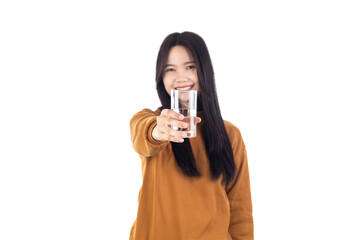 Asian Young woman holding water glass isolated on white background with clipping path.