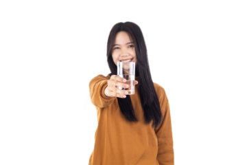 Asian Young woman holding water glass isolated on white background with clipping path.