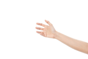 Close-up woman hand holding something like a bottle or can isolated on white background with clipping path.