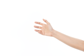 Close-up woman hand holding something like a bottle or can isolated on white background with clipping path.