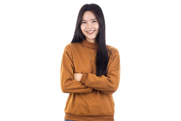 Happy Smiling Young Asian girl standing with her arms crossed isolated on white background with clipping path.