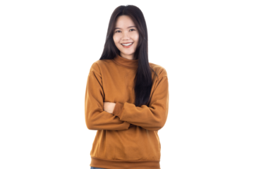 Happy Smiling Young Asian girl standing with her arms crossed isolated on white background with clipping path.