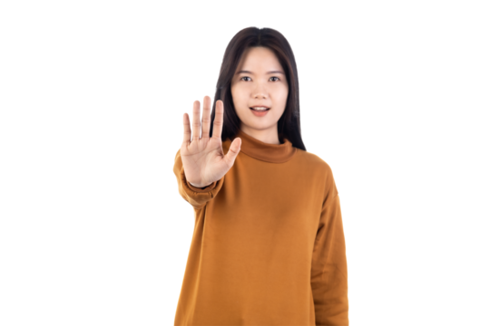 Asian Young Woman showing stop gesture isolated on white background with clipping path.