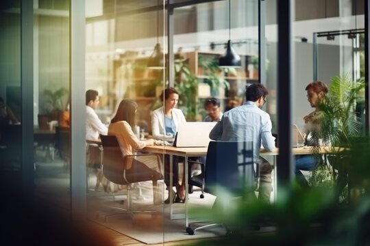 Blurred office interior space background with people working and meeting on table. Business concept. 