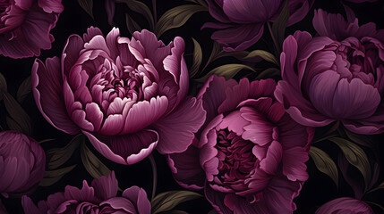 Seamless pattern with purple peonies on a dark background. Generative AI