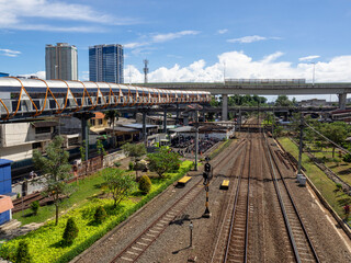Indonesia, Jakarta - January 22, 2023: Skywalk crossing bridge at Kebayoran train station, Jakarta, Indonesia.