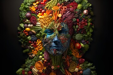 Fototapeta premium Human portrait made by fruits and vegetables. Healthy organic food with nutrients and vitamins necessary for health. Generative AI.