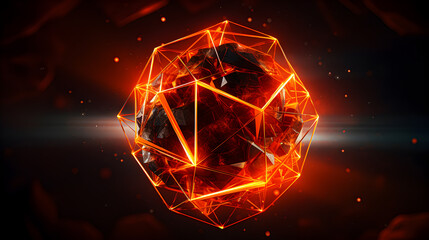 3d illustration of an orange neon icosahedron with a fiery neon core surrounded by a network of pulsating neon lines and patterns. Generative AI
