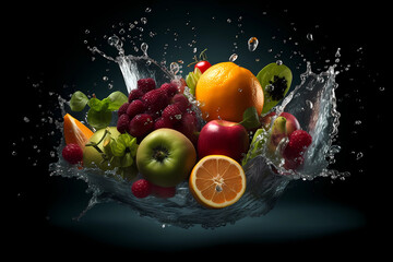 colorful fruit splashed in the water on black background