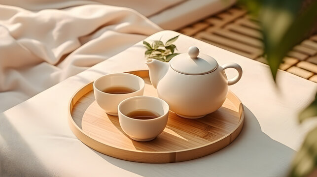 Top view of minimal, beautiful white ceramic teapot, two cups, candle on brown wooden tray on cream tablecloth in sunlight, shade from leaves with space for quiet relaxation for food, drinks backgroun