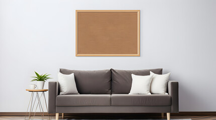 Mockup of canvas frame with brown sofa. Minimalist space. 3d rendering. Generative AI