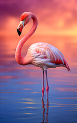 Close-up of a pink flamingo against a pink sky and water background, standing in a pink lake. Generative AI