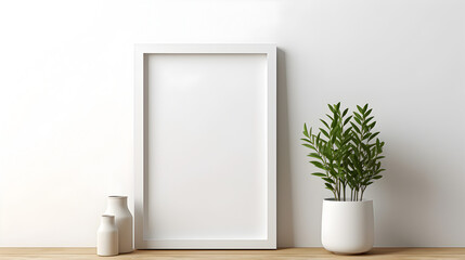 Layout of rectangular vertical frame in scandi style interior with curly green plants and shelf on blank neutral white wall background. 3d-illustration. Generative AI