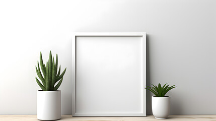 Layout of rectangular vertical frame in scandi style interior with curly green plants and shelf on blank neutral white wall background. 3d-illustration. Generative AI