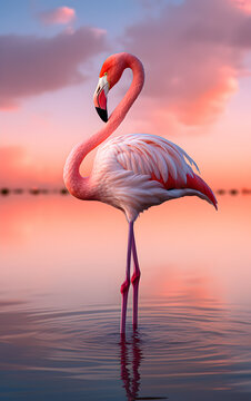 Close-up of a pink flamingo against a pink sky and water background, standing in a pink lake. Generative AI