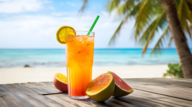 A refreshing tropical fruit drink on the table with the beach in the background. Generative AI
