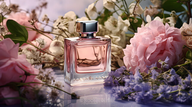 A rectangular bottle of luxury perfume surrounded by flowers. Generative AI