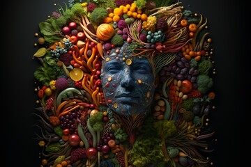 Human portrait made by fruits and vegetables. Healthy organic food with nutrients and vitamins necessary for health. Generative AI.