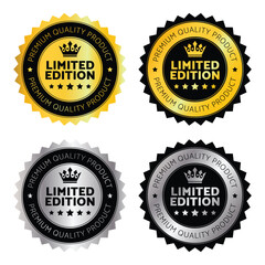 limited edition, Premium Quality Product, Golden, Classic vector icon, Badge, Symbol, Golden logotype, Sticker label, Isolated illustration, Exclusive. 