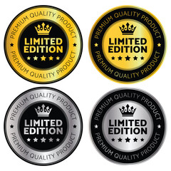 limited edition, Premium Quality Product, Golden, Classic vector icon, Badge, Symbol, Golden logotype, Sticker label, Isolated illustration, Exclusive. 