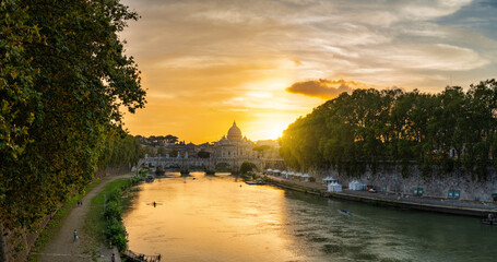 St. Peter's basilica at sunset in Rome, Italy